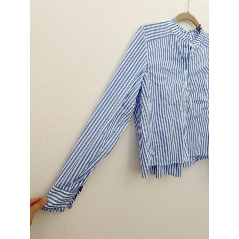 Veronica Beard Bluebell Stripe Ruffle Whitman Shirt Blouse Blue and White - Picture 8 of 9